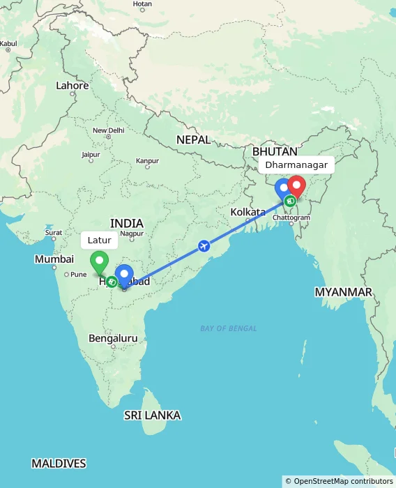 Route map showing distance and travel time from Latur, India to Dharmanagar, India