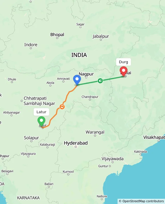 Route map showing distance and travel time from Latur, India to Durg, India