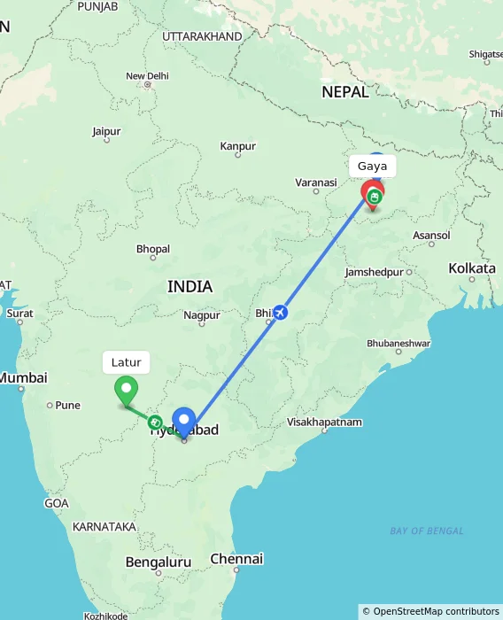 Route map showing distance and travel time from Latur, India to Gaya, India