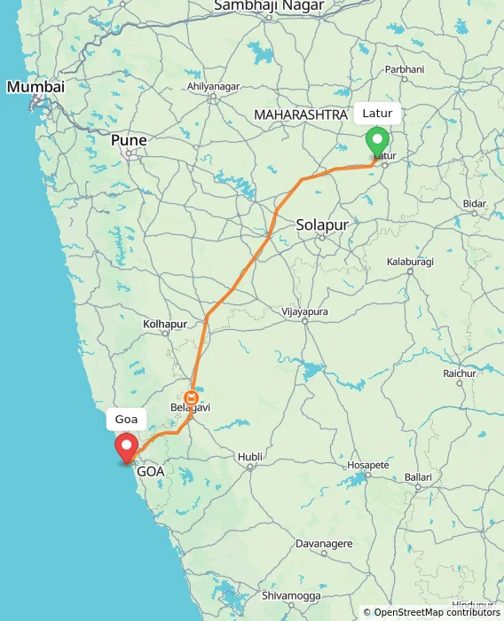Route map showing distance and travel time from Latur, India to Goa, India