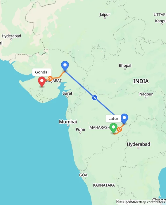Route map showing distance and travel time from Latur, India to Gondal, India