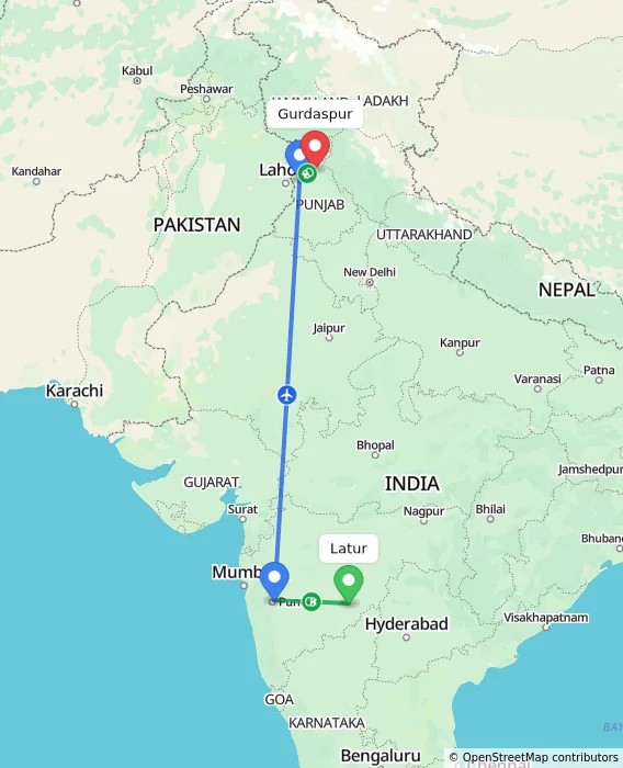 Route map showing distance and travel time from Latur, India to Gurdaspur, India