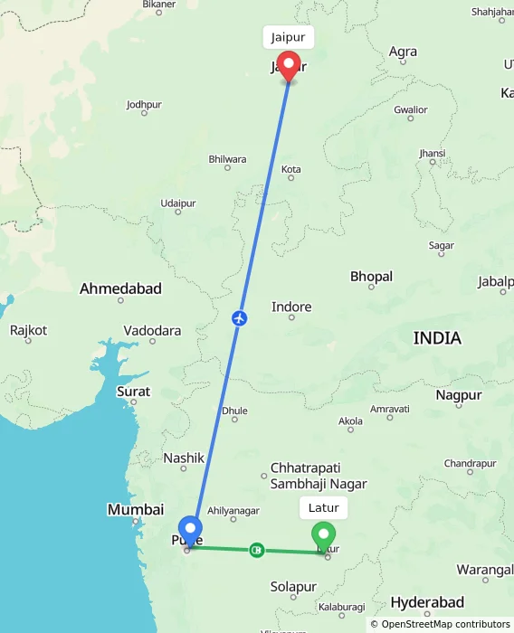 Route map showing distance and travel time from Latur, India to Jaipur, India