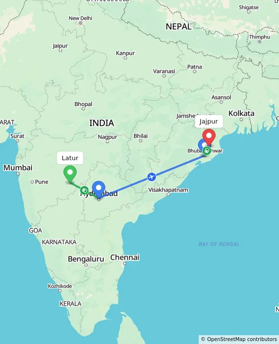 Route map showing distance and travel time from Latur, India to Jajpur, India
