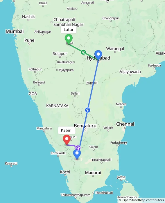 Route map showing distance and travel time from Latur, India to Kabini, India