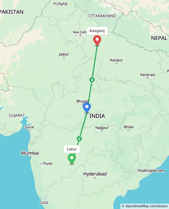 Route map showing distance and travel time from Latur, India to Kasganj, India