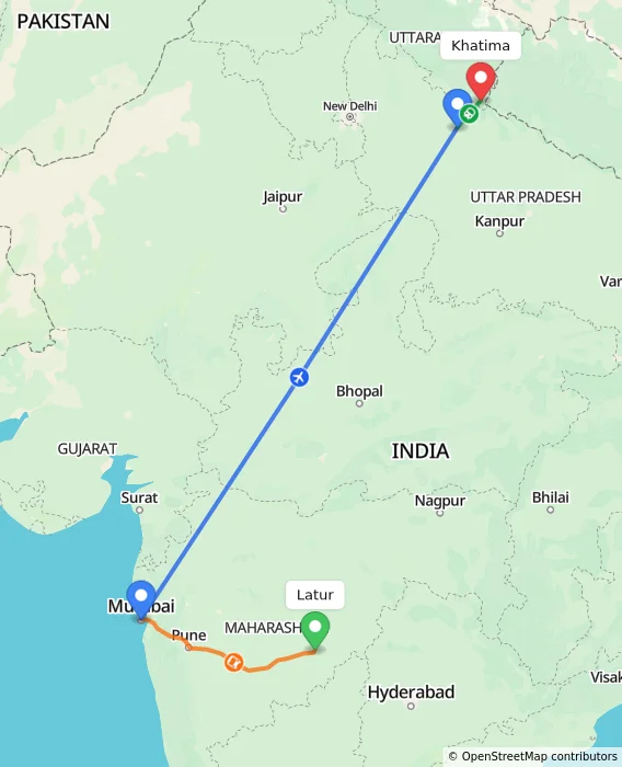 Route map showing distance and travel time from Latur, India to Khatima, India