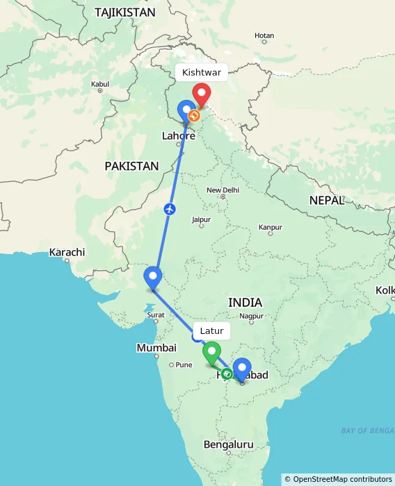 Route map showing distance and travel time from Latur, India to Kishtwar, India