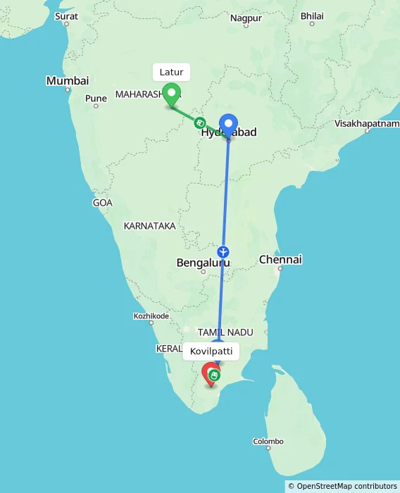 Route map showing distance and travel time from Latur, India to Kovilpatti, India