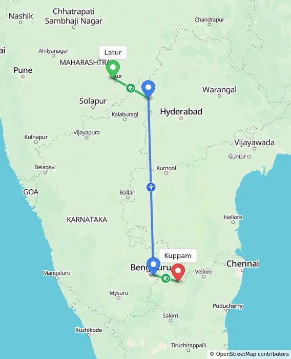 Route map showing distance and travel time from Latur, India to Kuppam, India