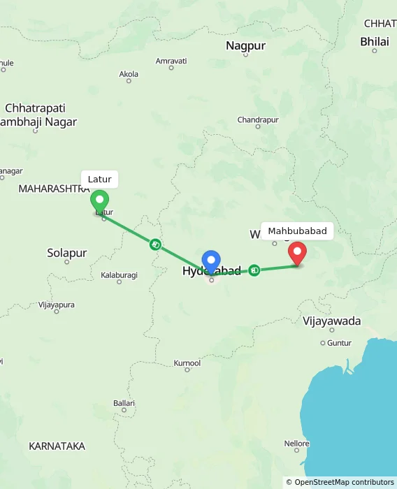 Route map showing distance and travel time from Latur, India to Mahbubabad, India