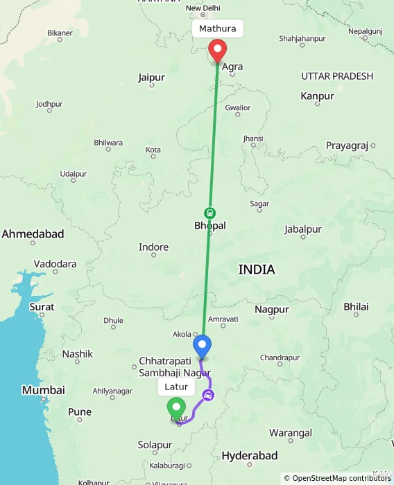 Route map showing distance and travel time from Latur, India to Mathura, India