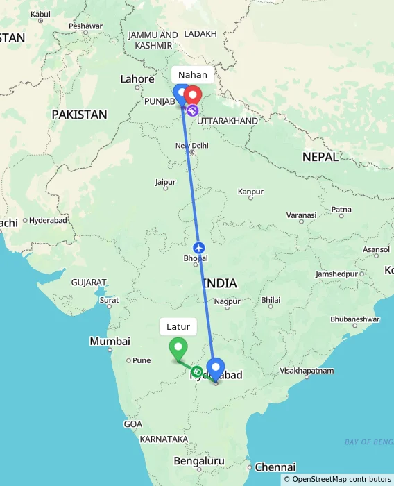 Route map showing distance and travel time from Latur, India to Nahan, India