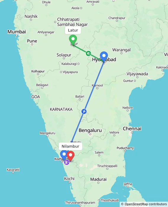 Route map showing distance and travel time from Latur, India to Nilambur, India