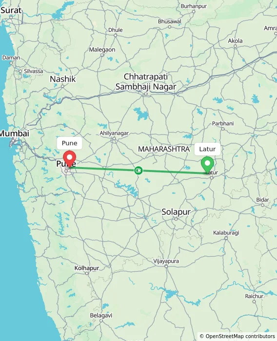 Route map showing distance and travel time from Latur, India to Pune, India