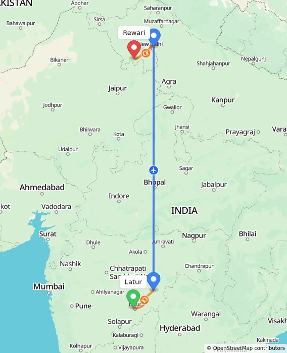 Route map showing distance and travel time from Latur, India to Rewari, India