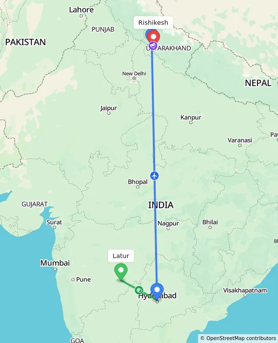 Route map showing distance and travel time from Latur, India to Rishikesh, India