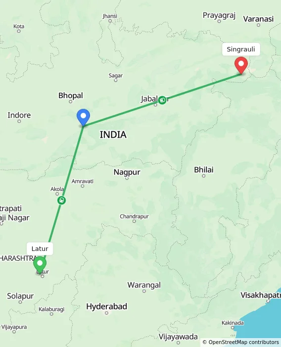 Route map showing distance and travel time from Latur, India to Singrauli, India