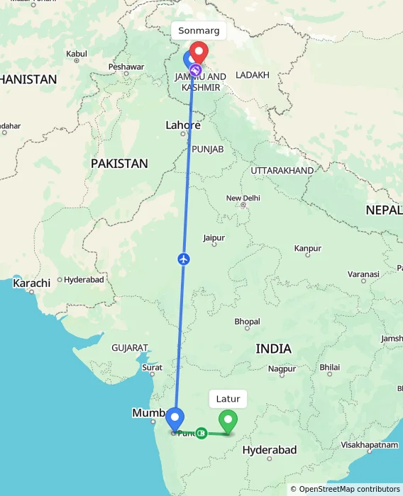 Route map showing distance and travel time from Latur, India to Sonmarg, India