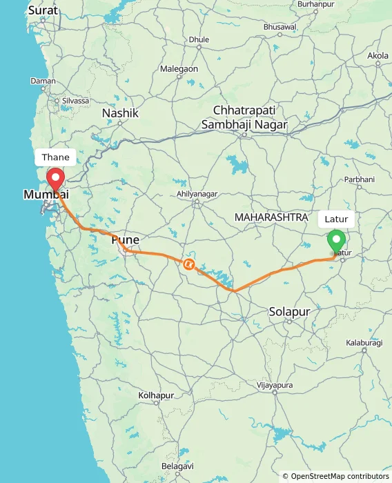 Route map showing distance and travel time from Latur, India to Thane, India