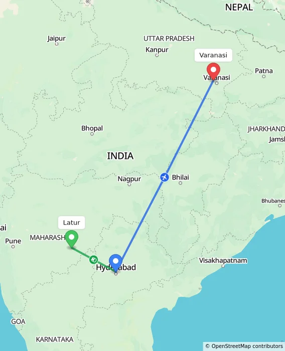 Route map showing distance and travel time from Latur, India to Varanasi, India