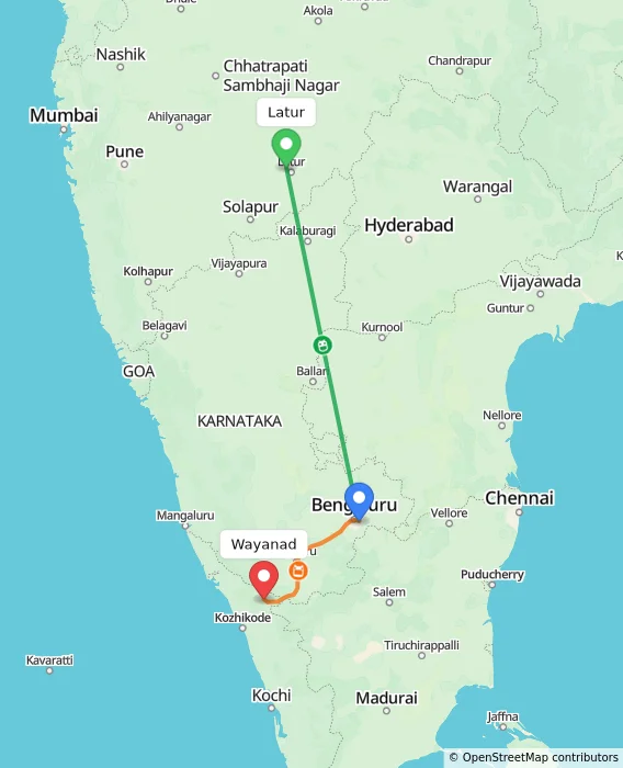 Route map showing distance and travel time from Latur, India to Wayanad, India