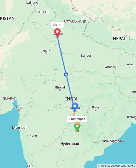 Route map showing distance and travel time from Laxettipet, India to Delhi, India