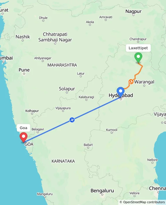 Route map showing distance and travel time from Laxettipet, India to Goa, India