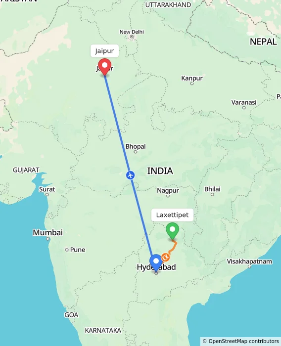 Route map showing distance and travel time from Laxettipet, India to Jaipur, India