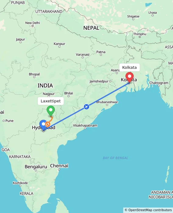 Route map showing distance and travel time from Laxettipet, India to Kolkata, India