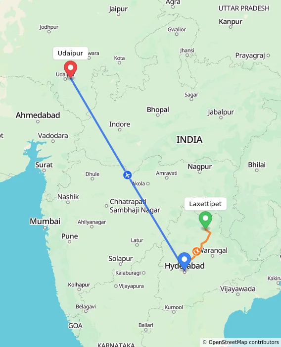 Route map showing distance and travel time from Laxettipet, India to Udaipur, India