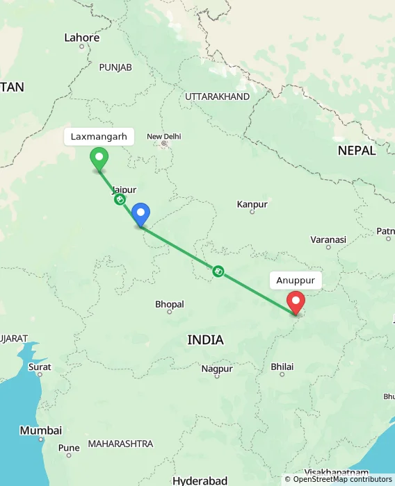 Route map showing distance and travel time from Laxmangarh, India to Anuppur, India