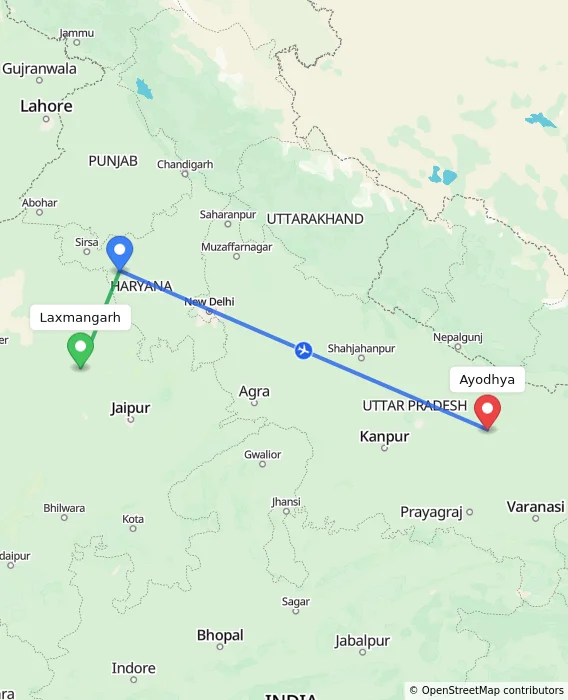 Route map showing distance and travel time from Laxmangarh, India to Ayodhya, India