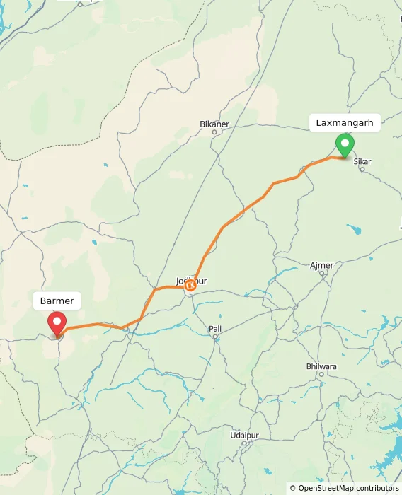 Route map showing distance and travel time from Laxmangarh, India to Barmer, India