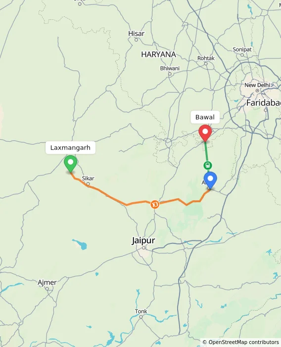 Route map showing distance and travel time from Laxmangarh, India to Bawal, India