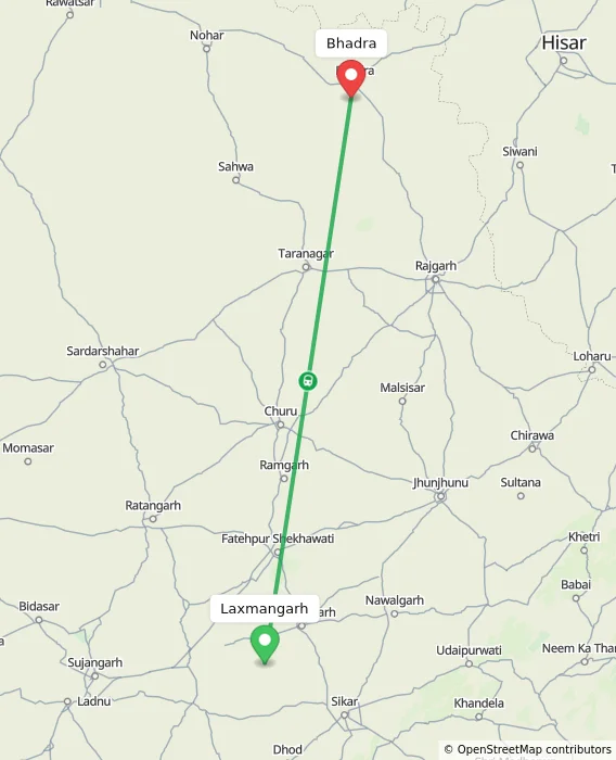 Route map showing distance and travel time from Laxmangarh, India to Bhadra, India