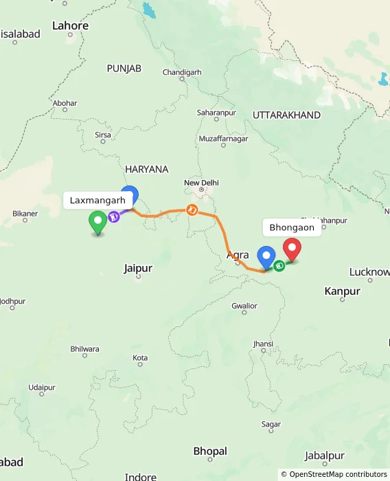 Route map showing distance and travel time from Laxmangarh, India to Bhongaon, India