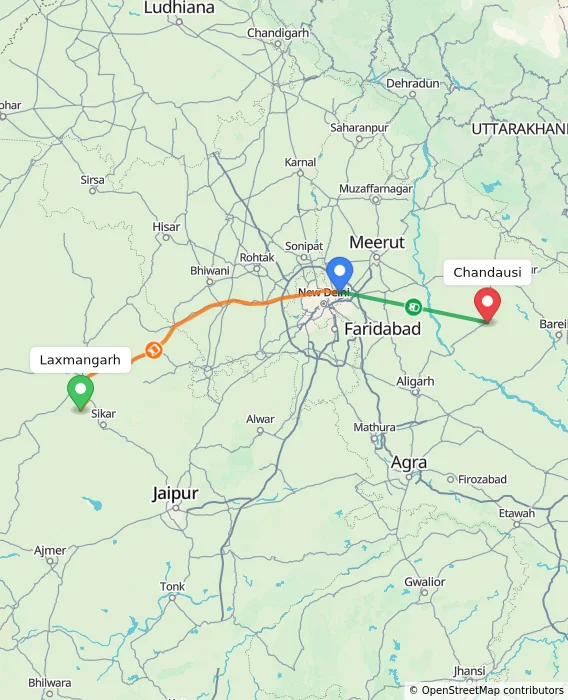 Route map showing distance and travel time from Laxmangarh, India to Chandausi, India