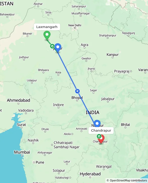 Route map showing distance and travel time from Laxmangarh, India to Chandrapur, India