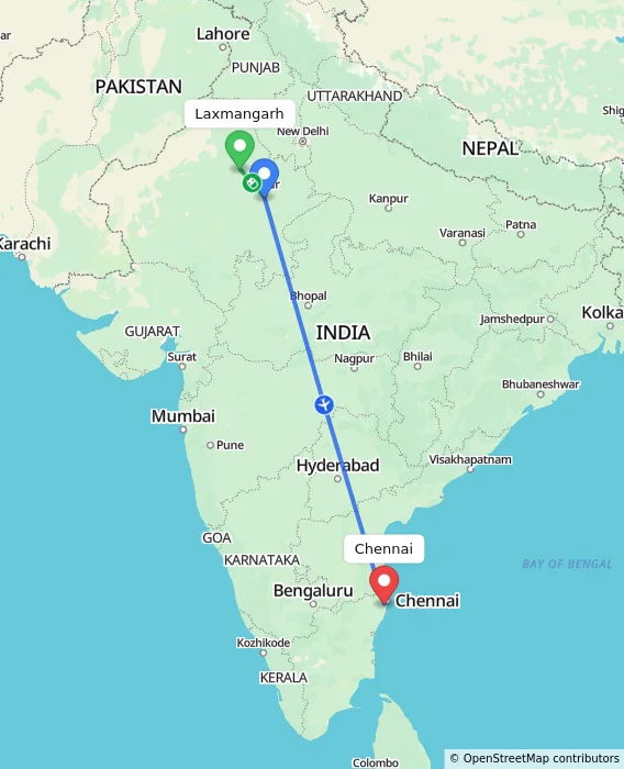 Route map showing distance and travel time from Laxmangarh, India to Chennai, India