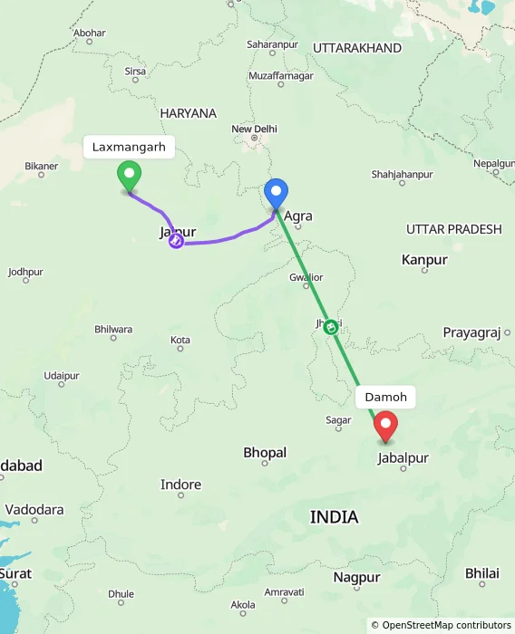 Route map showing distance and travel time from Laxmangarh, India to Damoh, India
