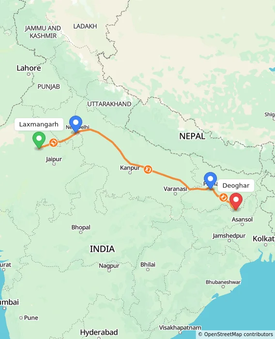 Route map showing distance and travel time from Laxmangarh, India to Deoghar, India