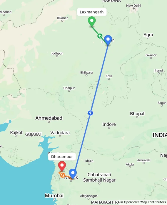 Route map showing distance and travel time from Laxmangarh, India to Dharampur, India