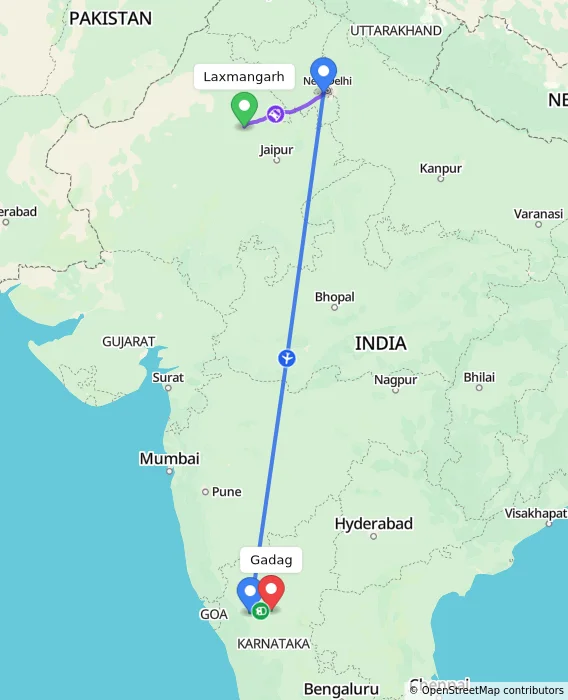 Route map showing distance and travel time from Laxmangarh, India to Gadag, India