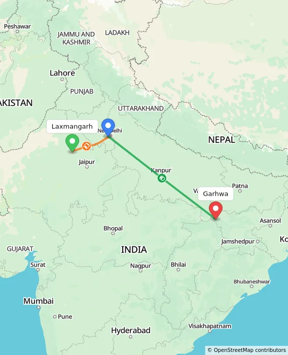 Route map showing distance and travel time from Laxmangarh, India to Garhwa, India