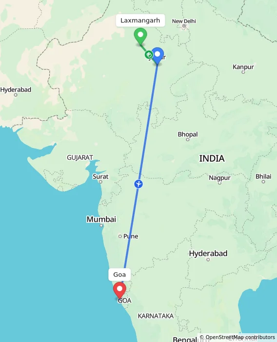 Route map showing distance and travel time from Laxmangarh, India to Goa, India