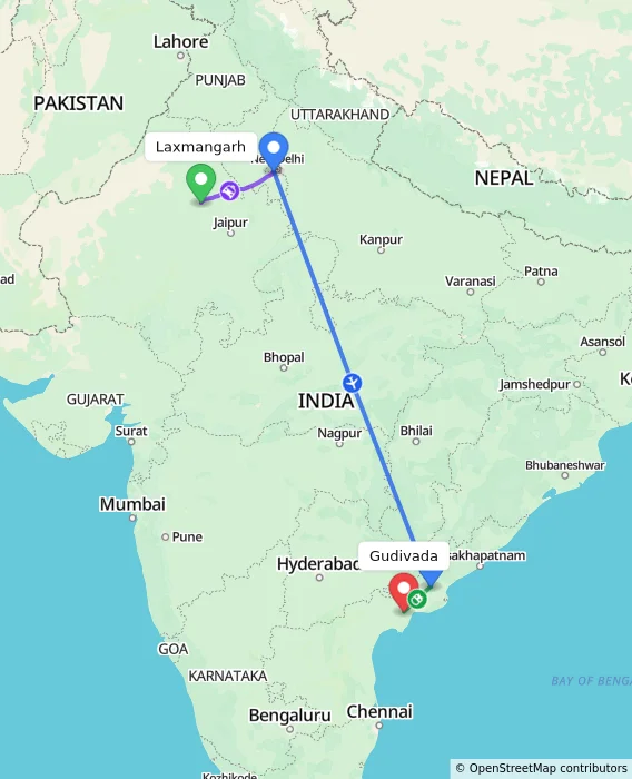 Route map showing distance and travel time from Laxmangarh, India to Gudivada, India
