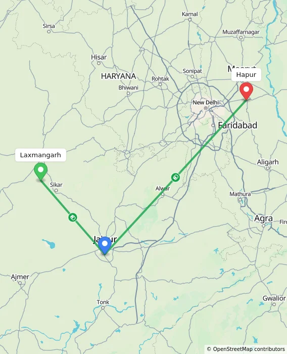 Route map showing distance and travel time from Laxmangarh, India to Hapur, India
