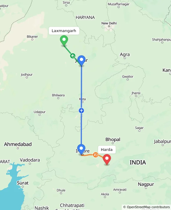 Route map showing distance and travel time from Laxmangarh, India to Harda, India