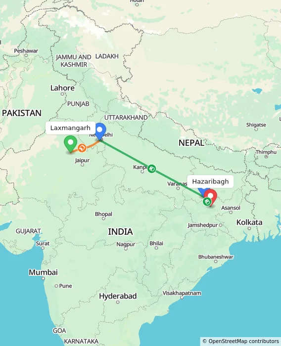 Route map showing distance and travel time from Laxmangarh, India to Hazaribagh, India